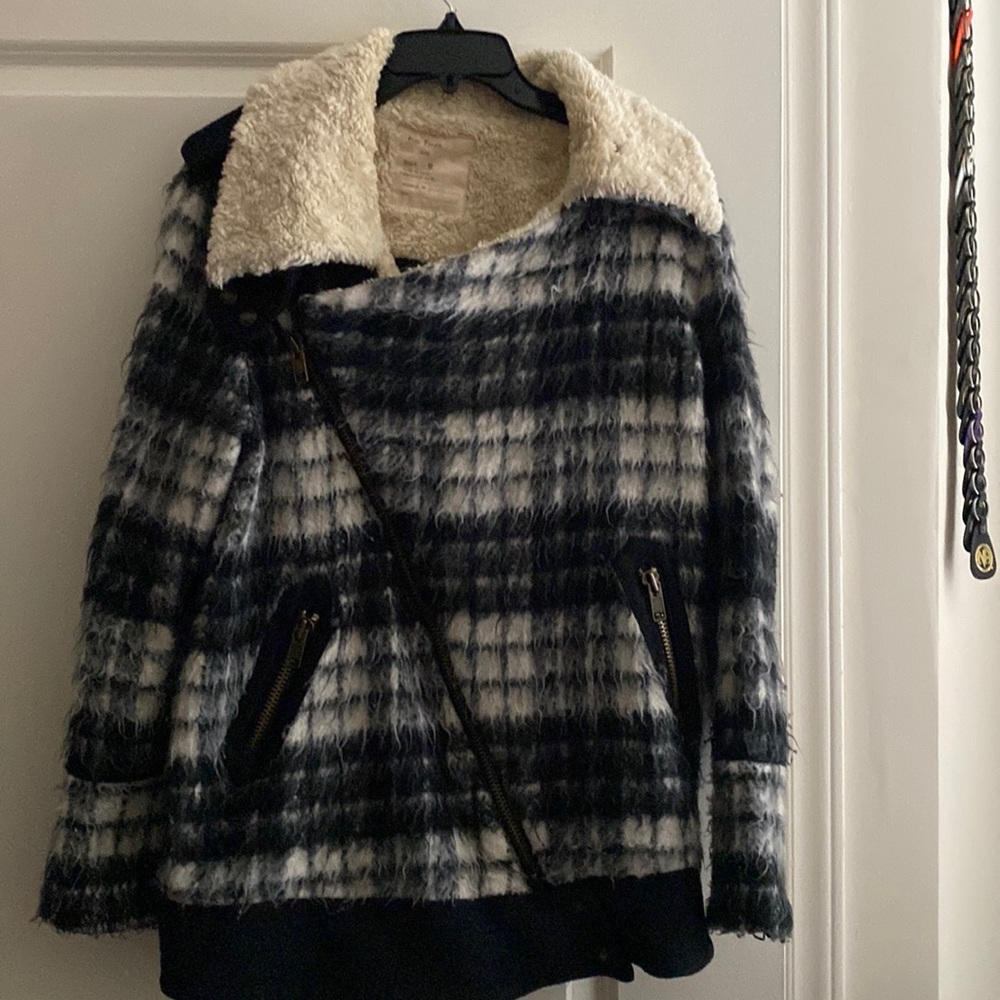 Free People Plaid  Moto Coat Black White Shearling Lined Asymmetrical‎ Zip S
